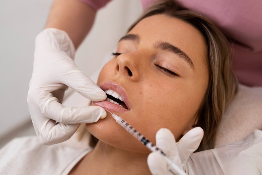 Close up woman getting lip filler